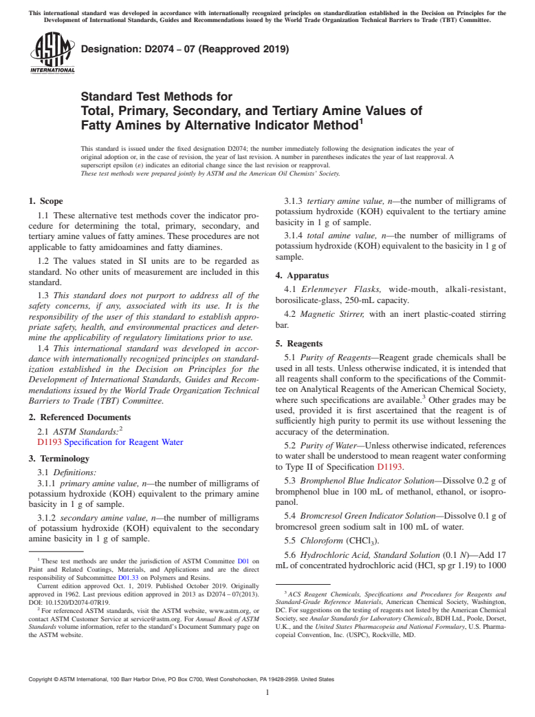 ASTM D2074-07(2019) - Standard Test Methods for Total, Primary, Secondary, and Tertiary Amine Values of Fatty  Amines     by Alternative Indicator Method