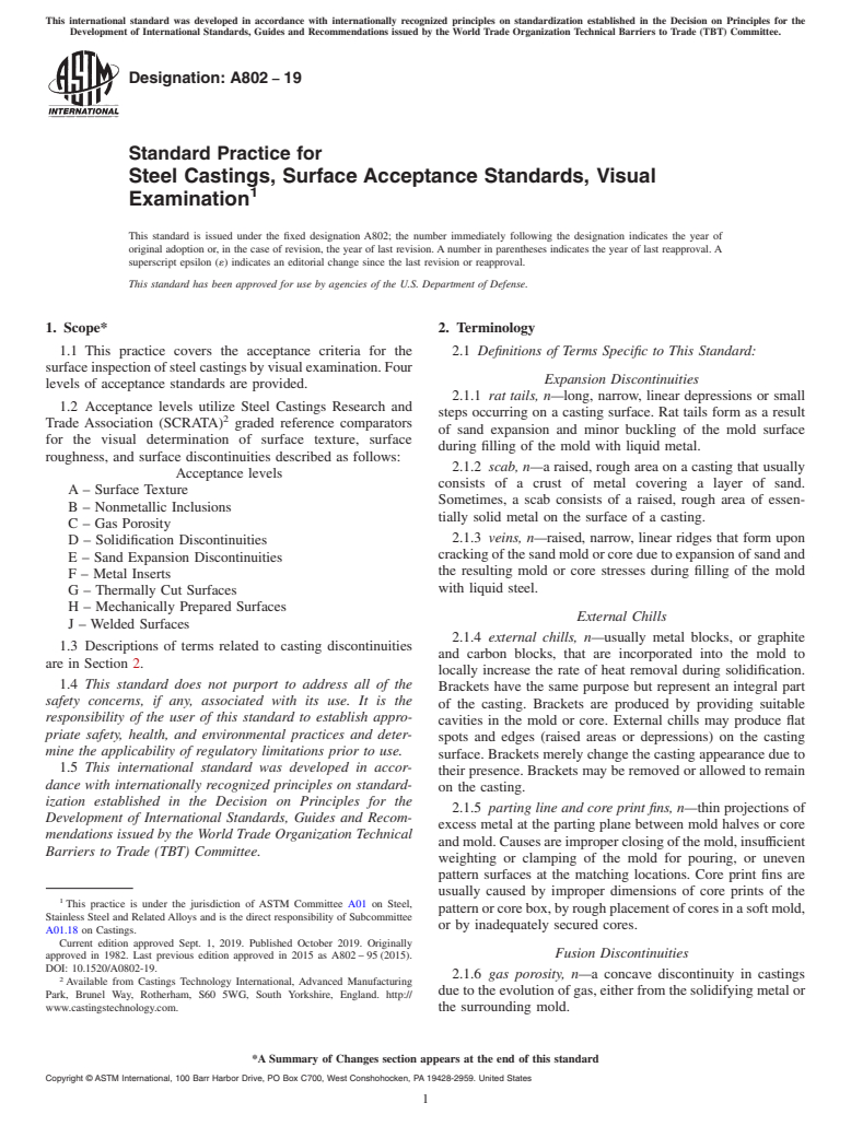 ASTM A802-19 - Standard Practice for  Steel Castings, Surface Acceptance Standards, Visual Examination