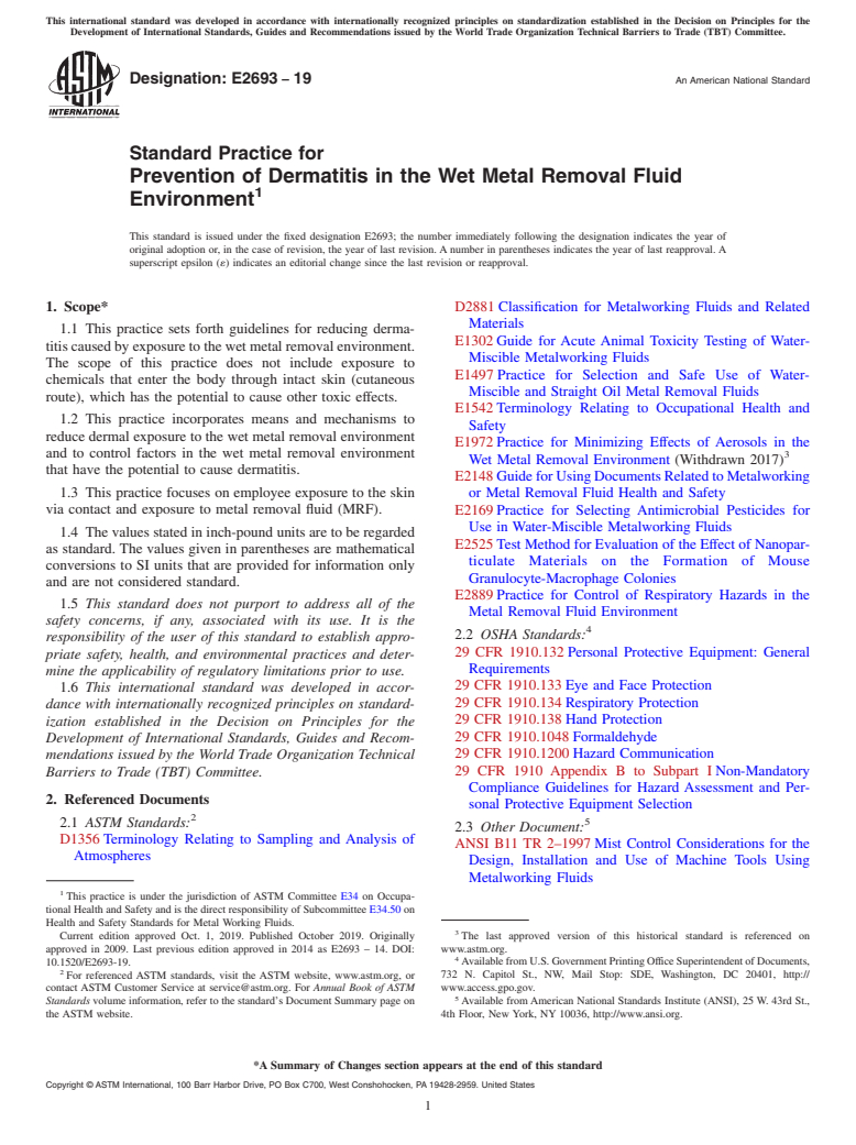 ASTM E2693-19 - Standard Practice for  Prevention of Dermatitis in the Wet Metal Removal Fluid Environment