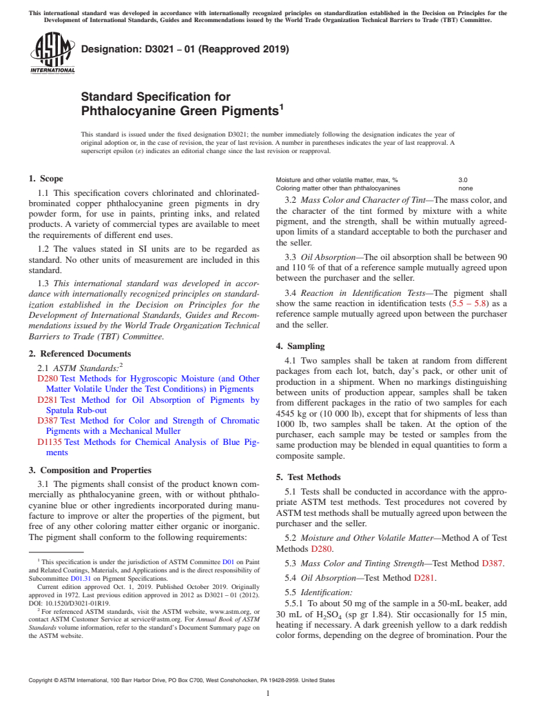 ASTM D3021-01(2019) - Standard Specification for  Phthalocyanine Green Pigments