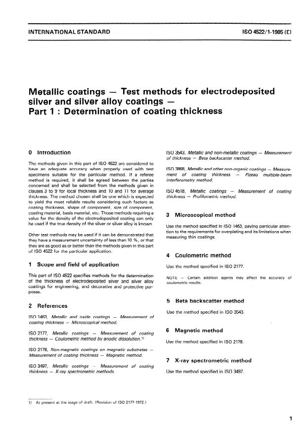 ISO 4522-1:1985 - Metallic coatings -- Test methods for electrodeposited silver and silver alloy coatings