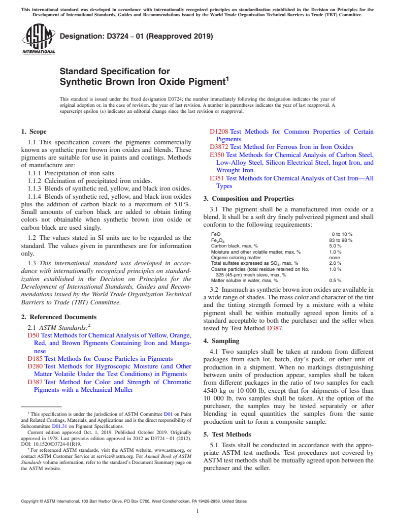 ASTM D3724-01(2019) - Standard Specification for  Synthetic Brown Iron Oxide Pigment