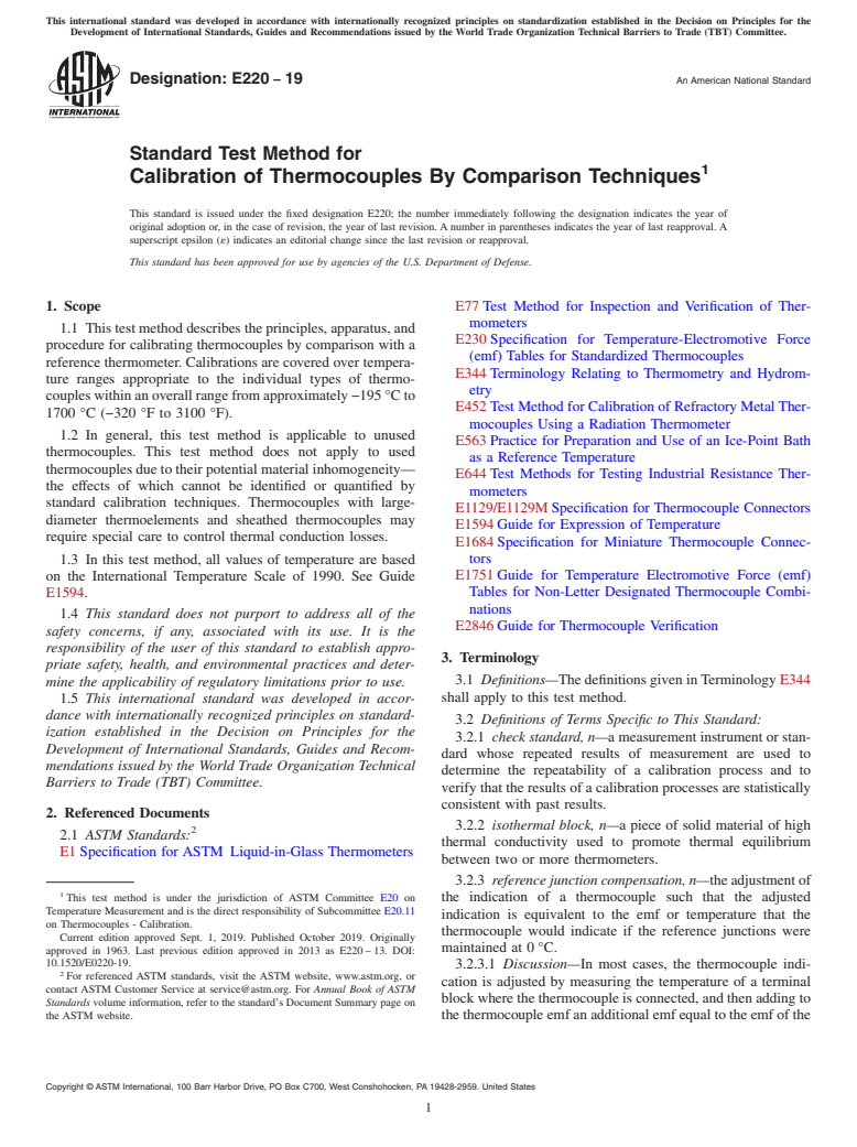 ASTM E220-19 - Standard Test Method for  Calibration of Thermocouples By Comparison Techniques