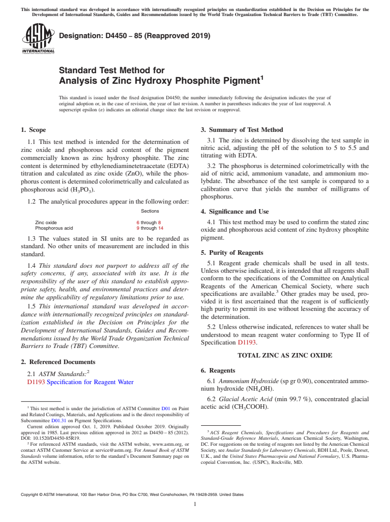 ASTM D4450-85(2019) - Standard Test Method for  Analysis of Zinc Hydroxy Phosphite Pigment