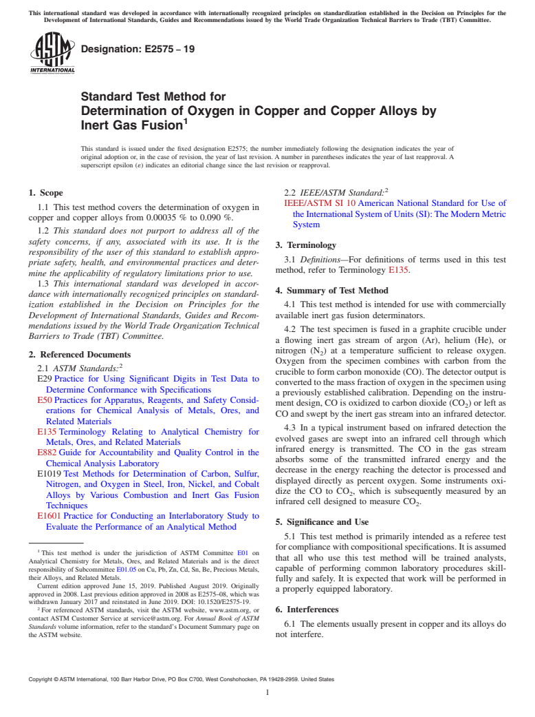 ASTM E2575-19 - Standard Test Method for  Determination of Oxygen in Copper and Copper Alloys by Inert  Gas Fusion