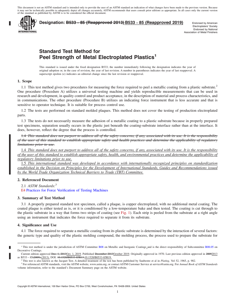 REDLINE ASTM B533-85(2019) - Standard Test Method for  Peel Strength of Metal Electroplated Plastics