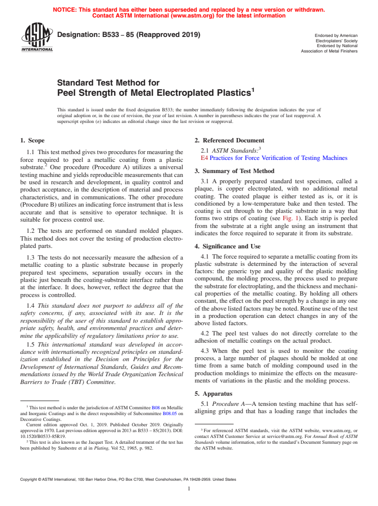 ASTM B533-85(2019) - Standard Test Method for  Peel Strength of Metal Electroplated Plastics