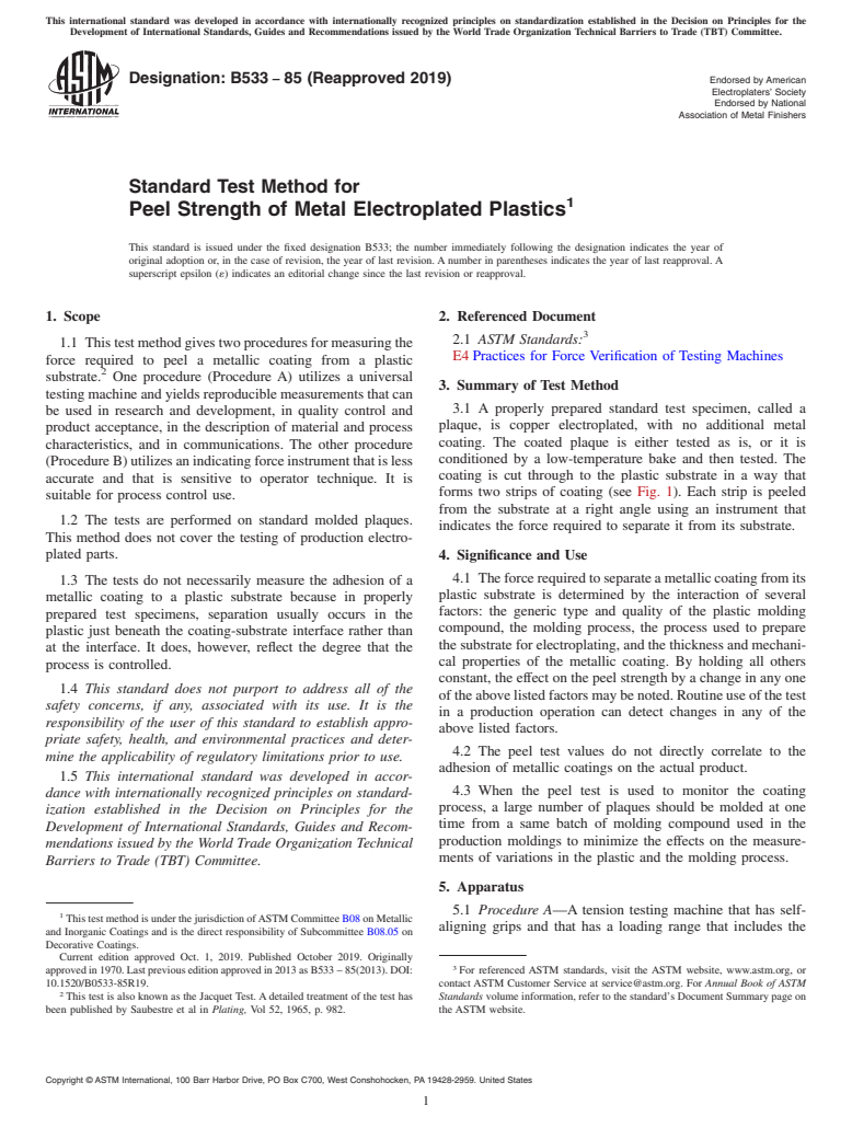 ASTM B533-85(2019) - Standard Test Method for  Peel Strength of Metal Electroplated Plastics