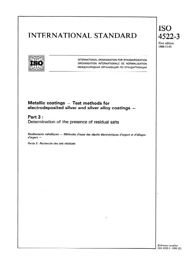 ISO 4522-3:1988 - Metallic coatings -- Test methods for electrodeposited silver and silver alloy coatings