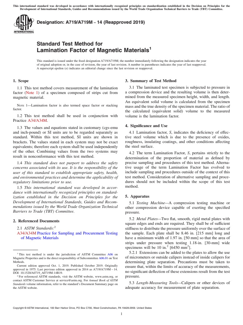 ASTM A719/A719M-14(2019) - Standard Test Method for  Lamination Factor of Magnetic Materials