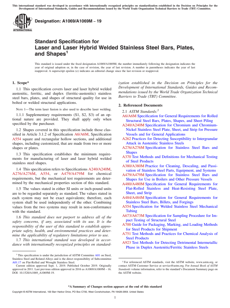 ASTM A1069/A1069M-19 - Standard Specification for  Laser and Laser Hybrid Welded Stainless Steel Bars, Plates,  and Shapes