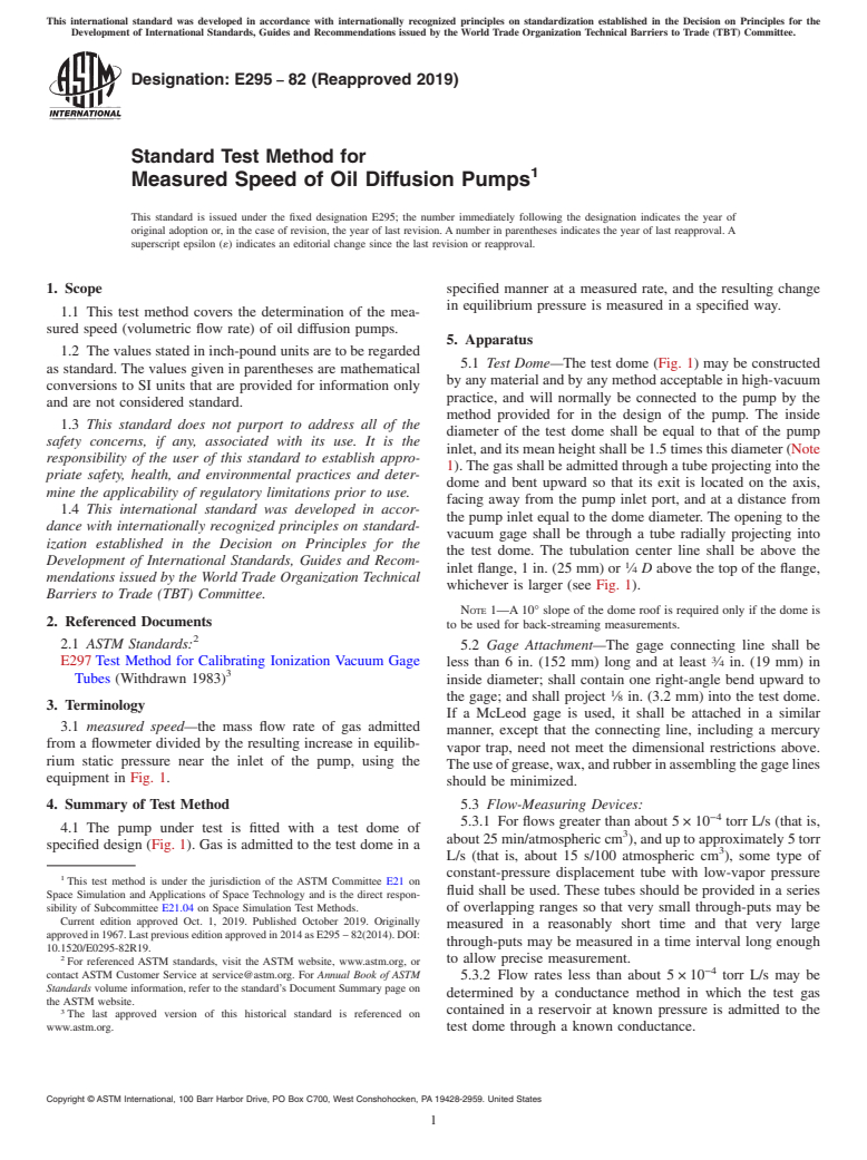 ASTM E295-82(2019) - Standard Test Method for Measured Speed of Oil Diffusion Pumps