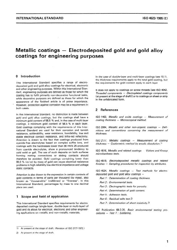 ISO 4523:1985 - Metallic coatings -- Electrodeposited gold and gold alloy coatings for engineering purposes
