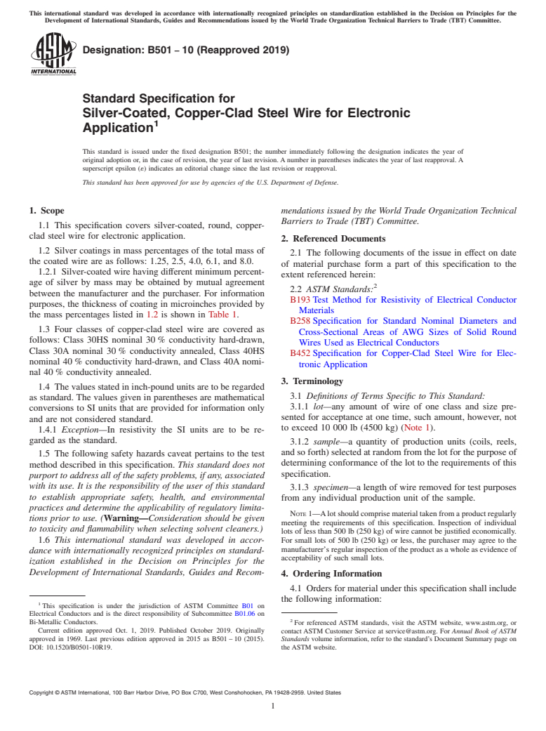 ASTM B501-10(2019) - Standard Specification for Silver-Coated, Copper-Clad Steel Wire for Electronic Application