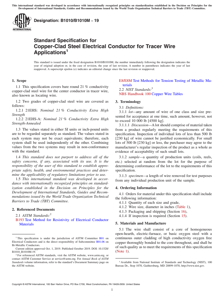 ASTM B1010/B1010M-19 - Standard Specification for Copper-Clad Steel Electrical Conductor for Tracer Wire Applications