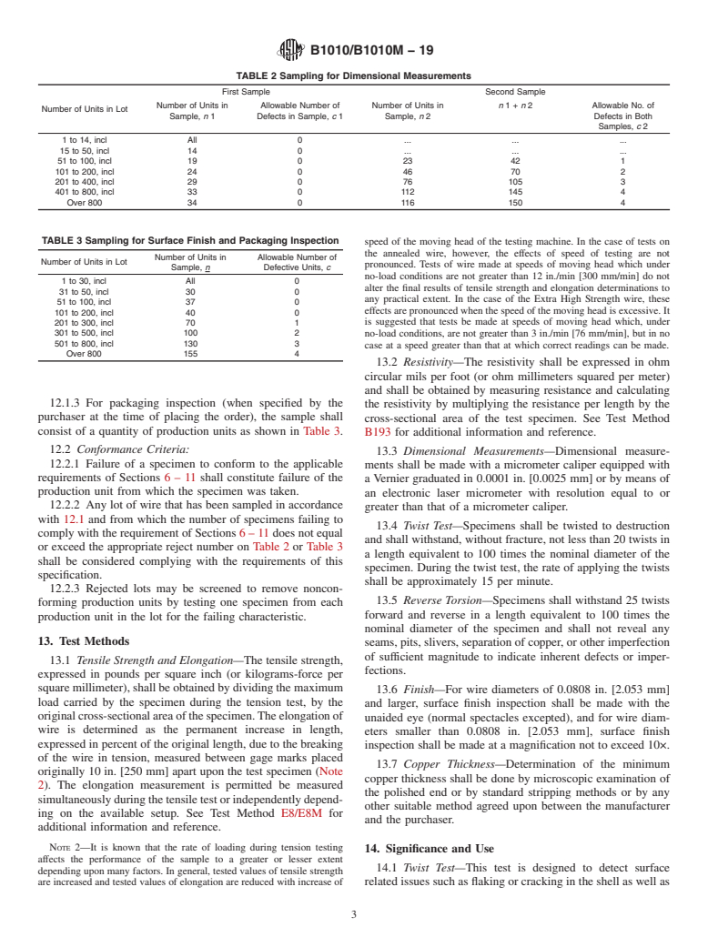 ASTM B1010/B1010M-19 - Standard Specification for Copper-Clad Steel Electrical Conductor for Tracer Wire Applications