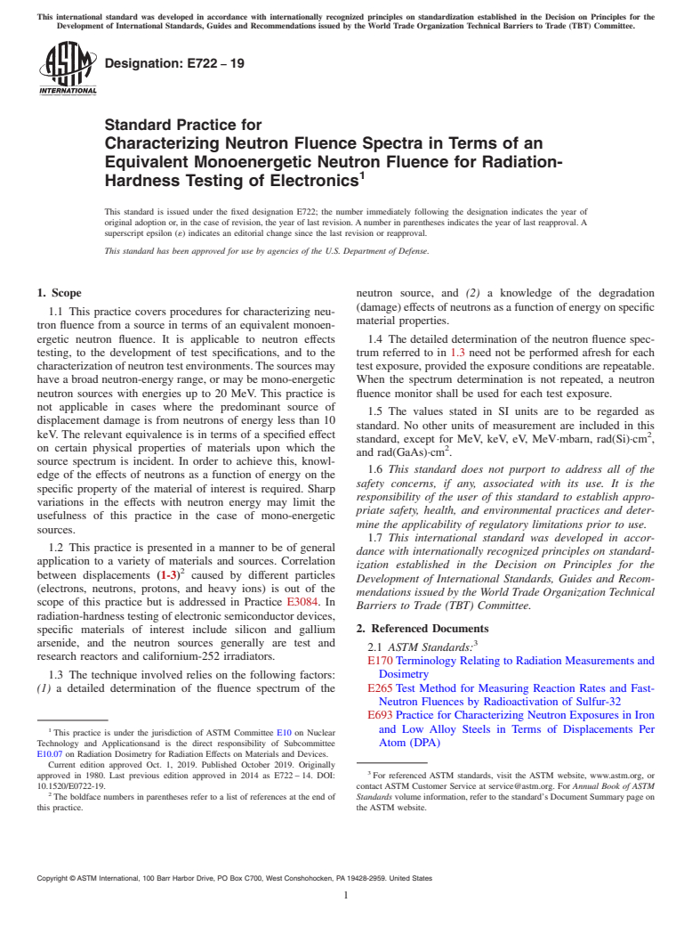 ASTM E722-19 - Standard Practice for  Characterizing Neutron Fluence Spectra in Terms of an Equivalent  Monoenergetic Neutron Fluence for Radiation-Hardness Testing of Electronics