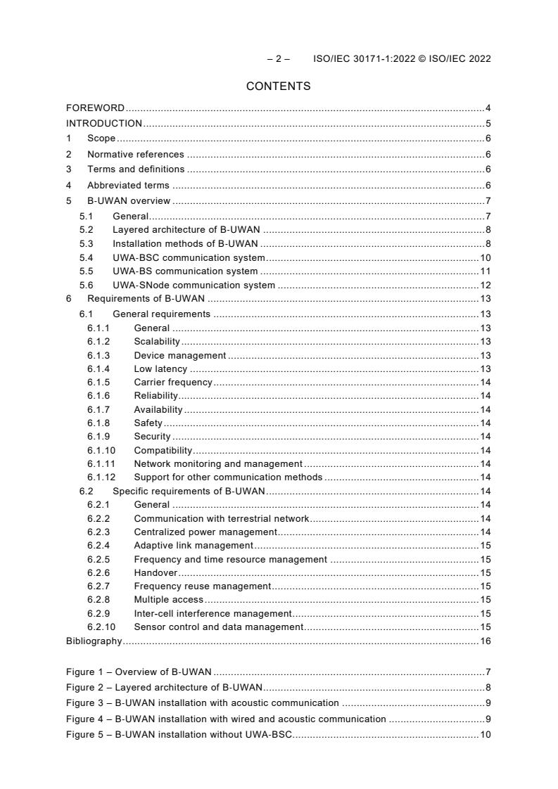 ISO/IEC 30171-1:2022 ISO/IEC 30171-1:2022 - Internet of Things (IoT) - Base-station based underwater wireless acoustic network (B-UWAN) - Part 1: Overview and requirements - Page 4 preview