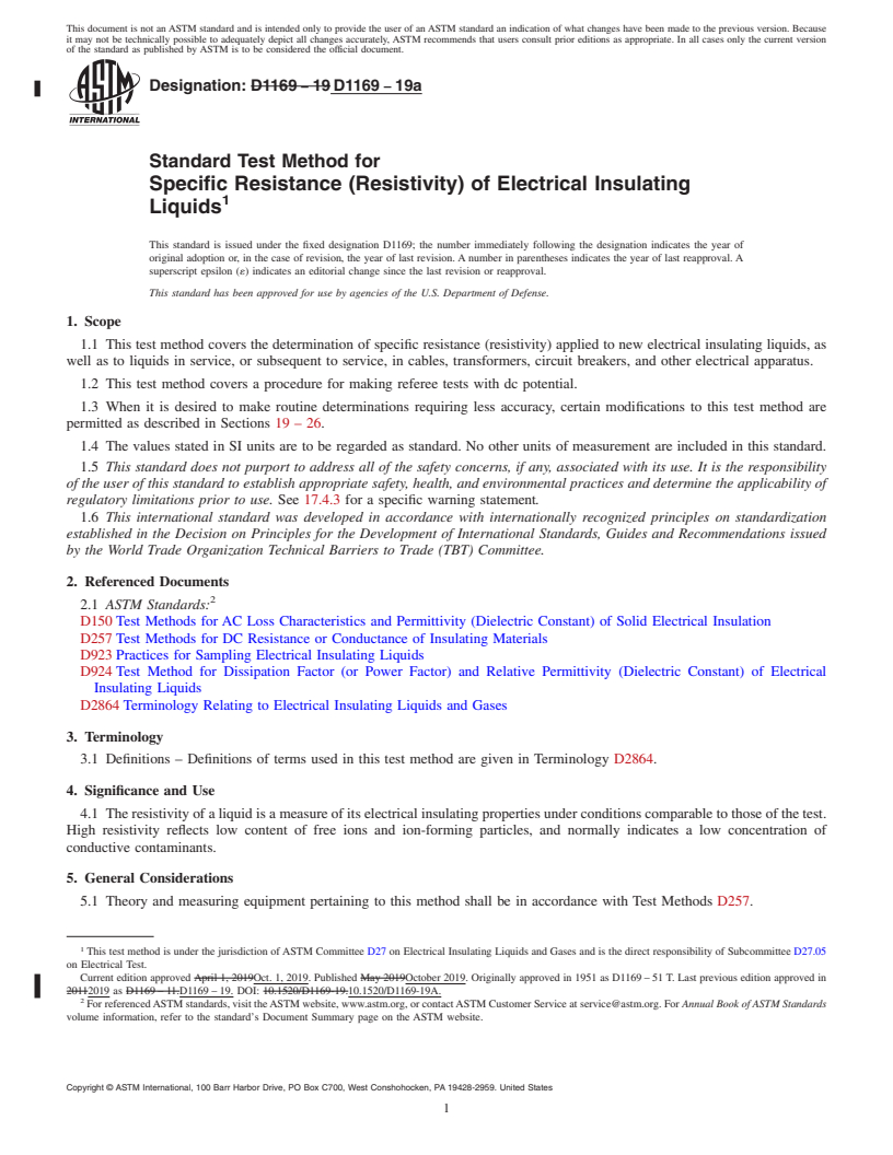 REDLINE ASTM D1169-19a - Standard Test Method for  Specific Resistance (Resistivity) of Electrical Insulating   Liquids