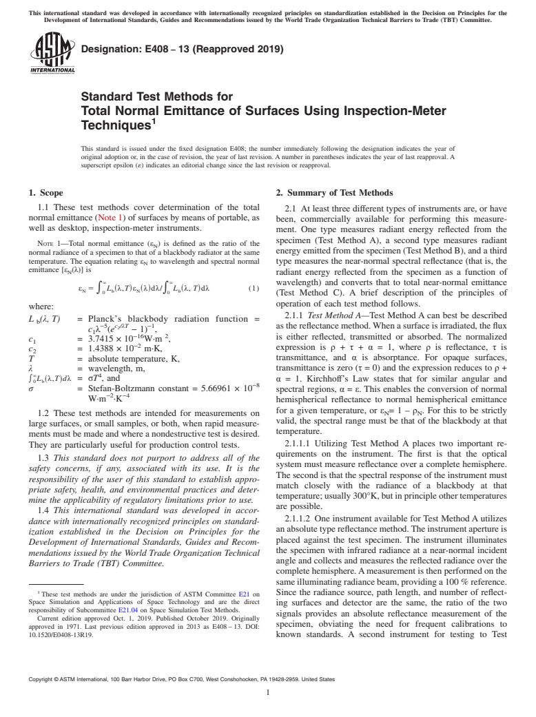 ASTM E408-13(2019) - Standard Test Methods for Total Normal Emittance of Surfaces Using Inspection-Meter Techniques