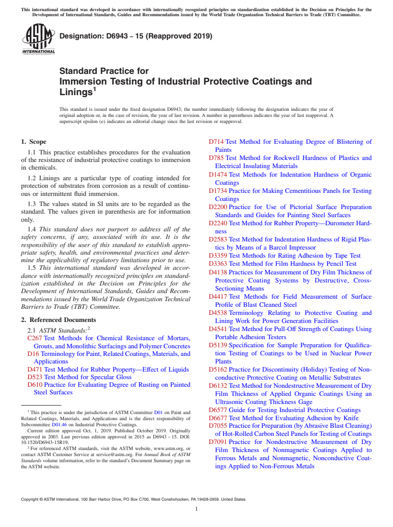 ASTM D6943-15(2019) - Standard Practice for Immersion Testing of Industrial Protective Coatings and Linings