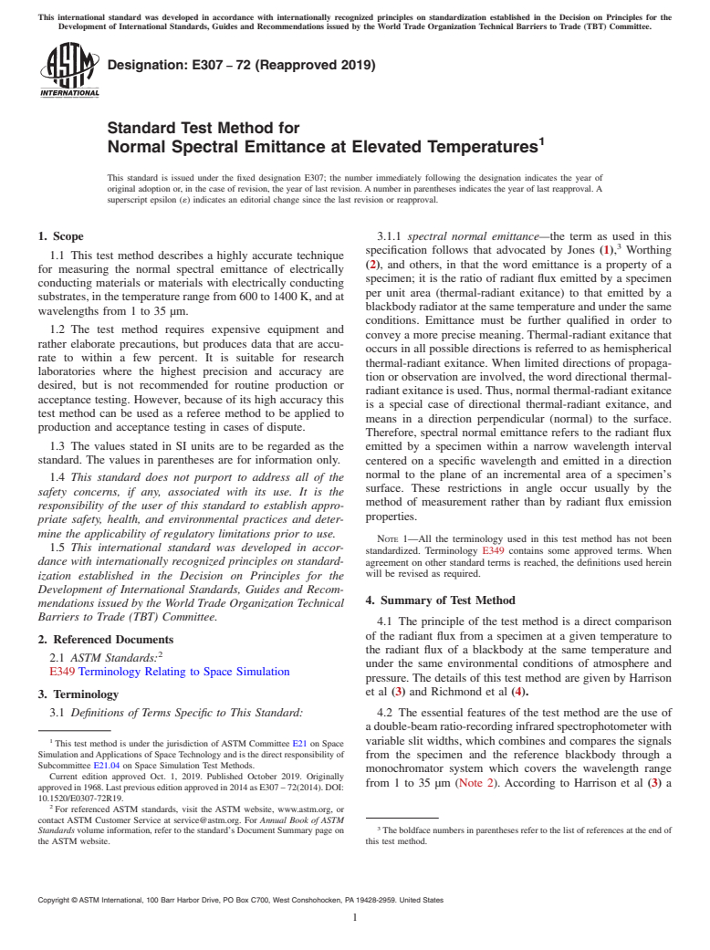 ASTM E307-72(2019) - Standard Test Method for  Normal Spectral Emittance at Elevated Temperatures