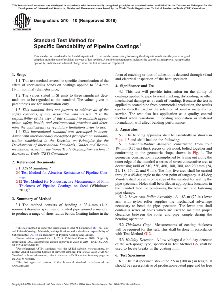 ASTM G10-10(2019) - Standard Test Method for Specific Bendability of Pipeline Coatings