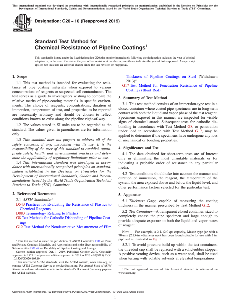 ASTM G20-10(2019) - Standard Test Method for Chemical Resistance of Pipeline Coatings