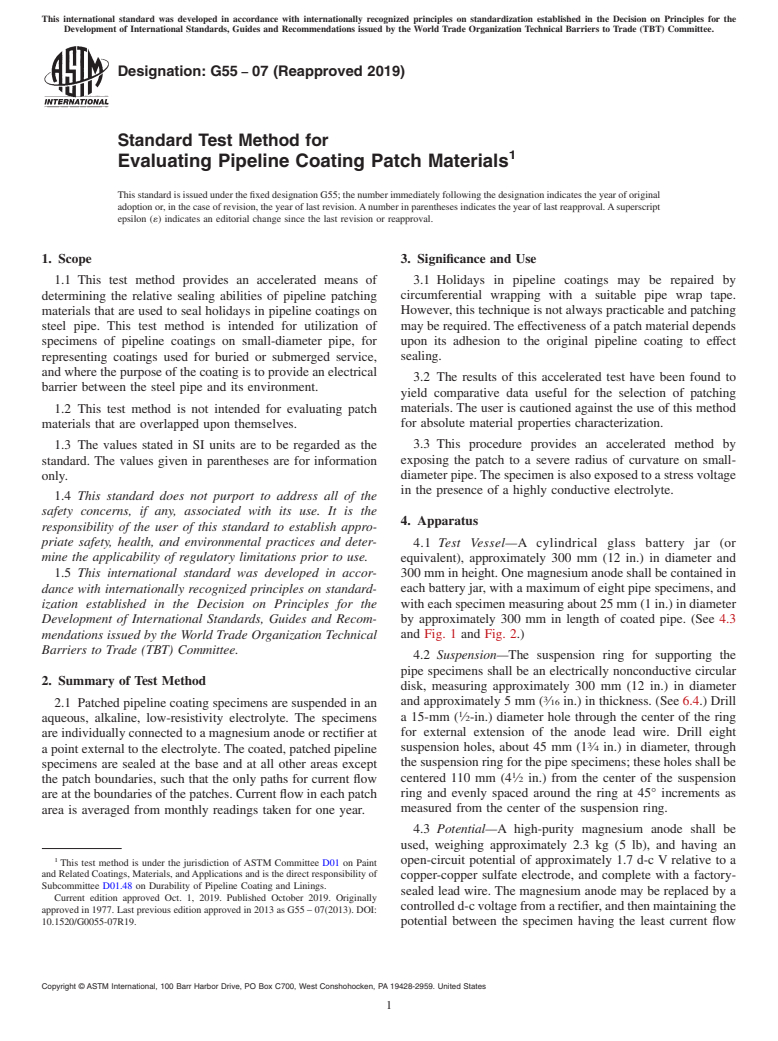 ASTM G55-07(2019) - Standard Test Method for Evaluating Pipeline Coating Patch Materials