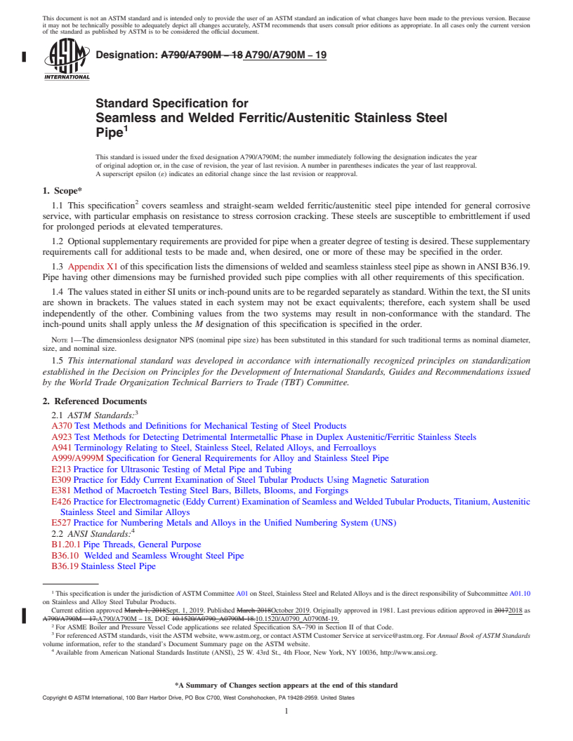REDLINE ASTM A790/A790M-19 - Standard Specification for  Seamless and Welded Ferritic/Austenitic Stainless Steel Pipe