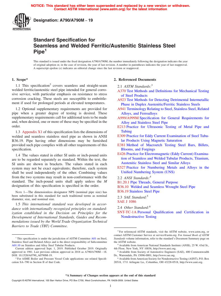 ASTM A790/A790M-19 - Standard Specification for  Seamless and Welded Ferritic/Austenitic Stainless Steel Pipe