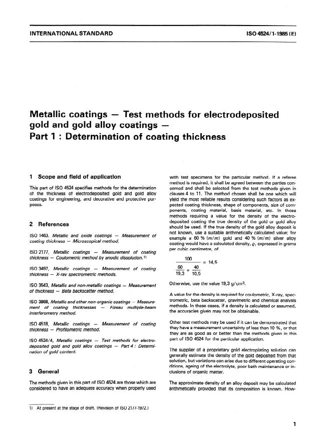ISO 4524-1:1985 - Metallic coatings -- Test methods for electrodeposited gold and gold alloy coatings