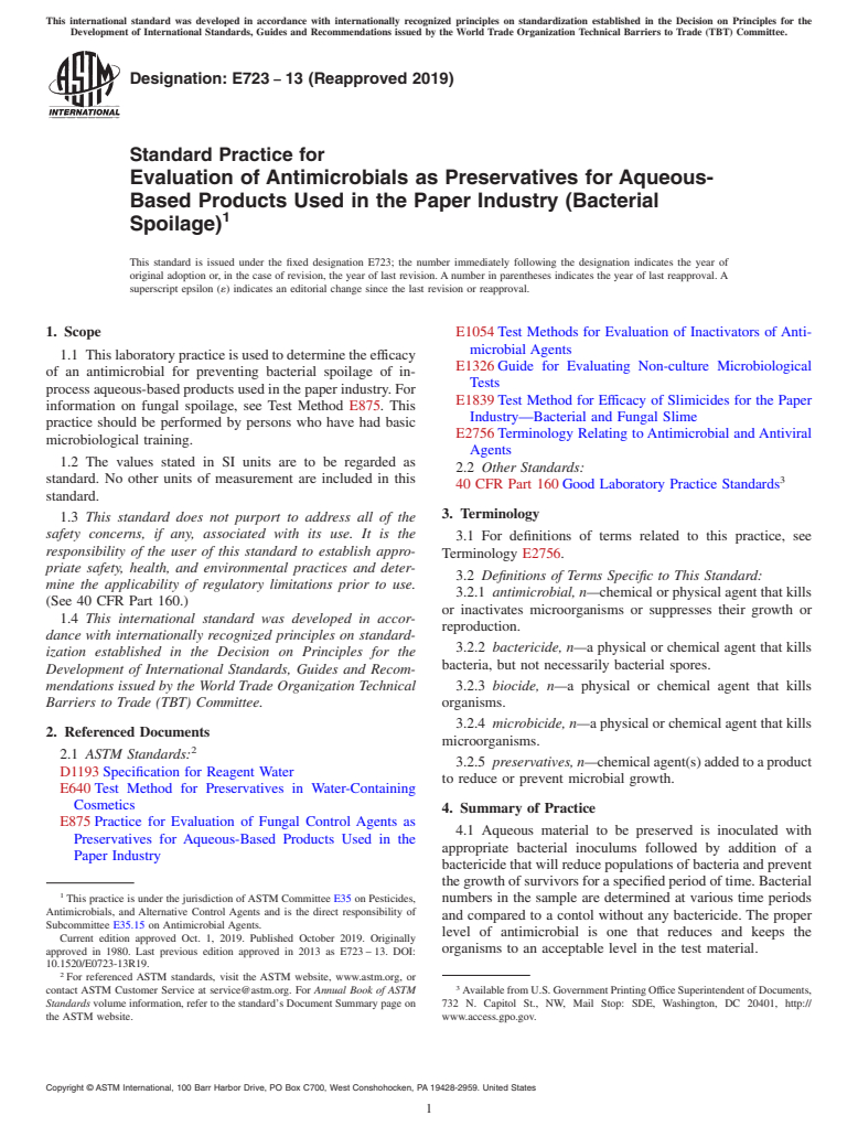 ASTM E723-13(2019) - Standard Practice for  Evaluation of Antimicrobials as Preservatives for Aqueous-Based  Products Used in the Paper Industry (Bacterial Spoilage)