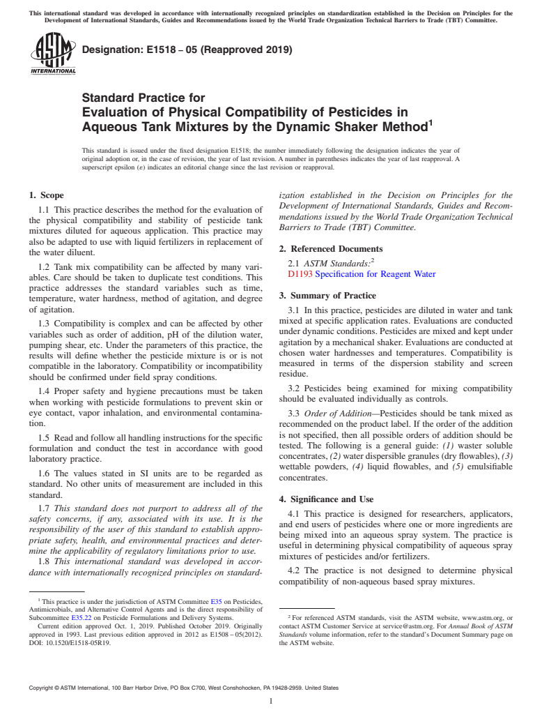 ASTM E1518-05(2019) - Standard Practice for  Evaluation of Physical Compatibility of Pesticides in Aqueous  Tank Mixtures by the Dynamic Shaker Method