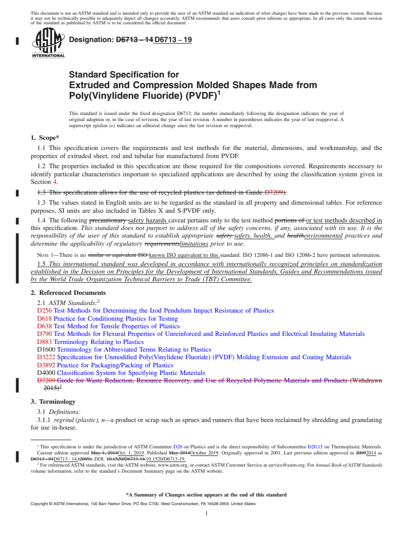 REDLINE ASTM D6713-19 - Standard Specification for  Extruded and Compression Molded Shapes Made from Poly(Vinylidene  Fluoride) (PVDF)