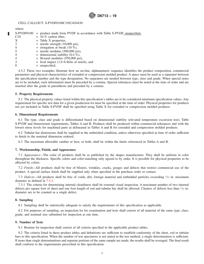 REDLINE ASTM D6713-19 - Standard Specification for  Extruded and Compression Molded Shapes Made from Poly(Vinylidene  Fluoride) (PVDF)