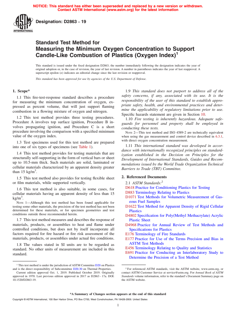 ASTM D2863-19 - Standard Test Method for  Measuring the Minimum Oxygen Concentration to Support Candle-Like  Combustion of Plastics (Oxygen Index)
