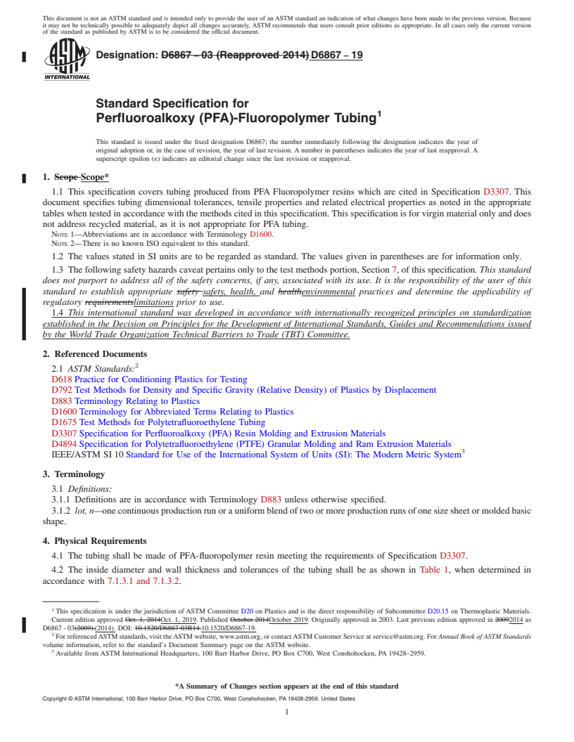 REDLINE ASTM D6867-19 - Standard Specification for  Perfluoroalkoxy (PFA)-Fluoropolymer Tubing