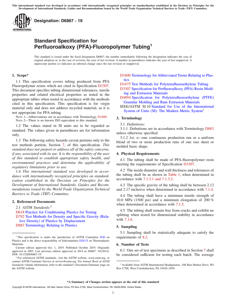 ASTM D6867-19 - Standard Specification for  Perfluoroalkoxy (PFA)-Fluoropolymer Tubing