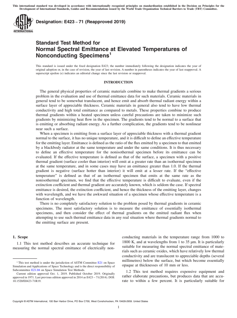 ASTM E423-71(2019) - Standard Test Method for Normal Spectral Emittance at Elevated Temperatures of Nonconducting  Specimens