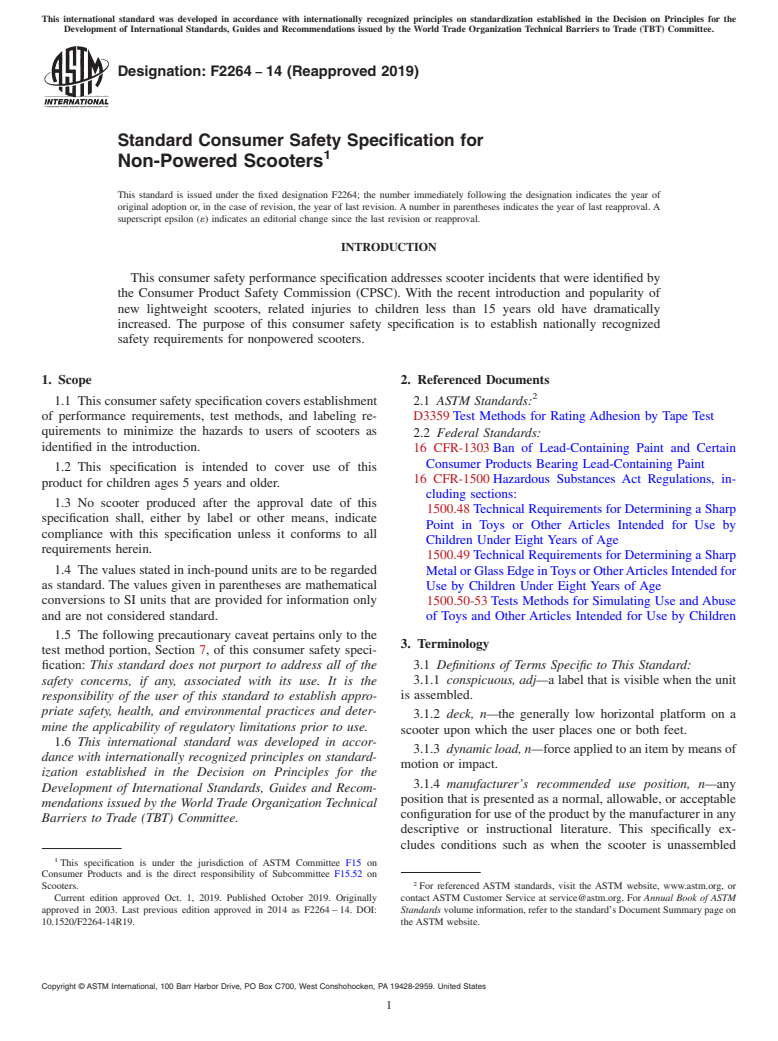 ASTM F2264-14(2019) - Standard Consumer Safety Specification for  Non-Powered Scooters