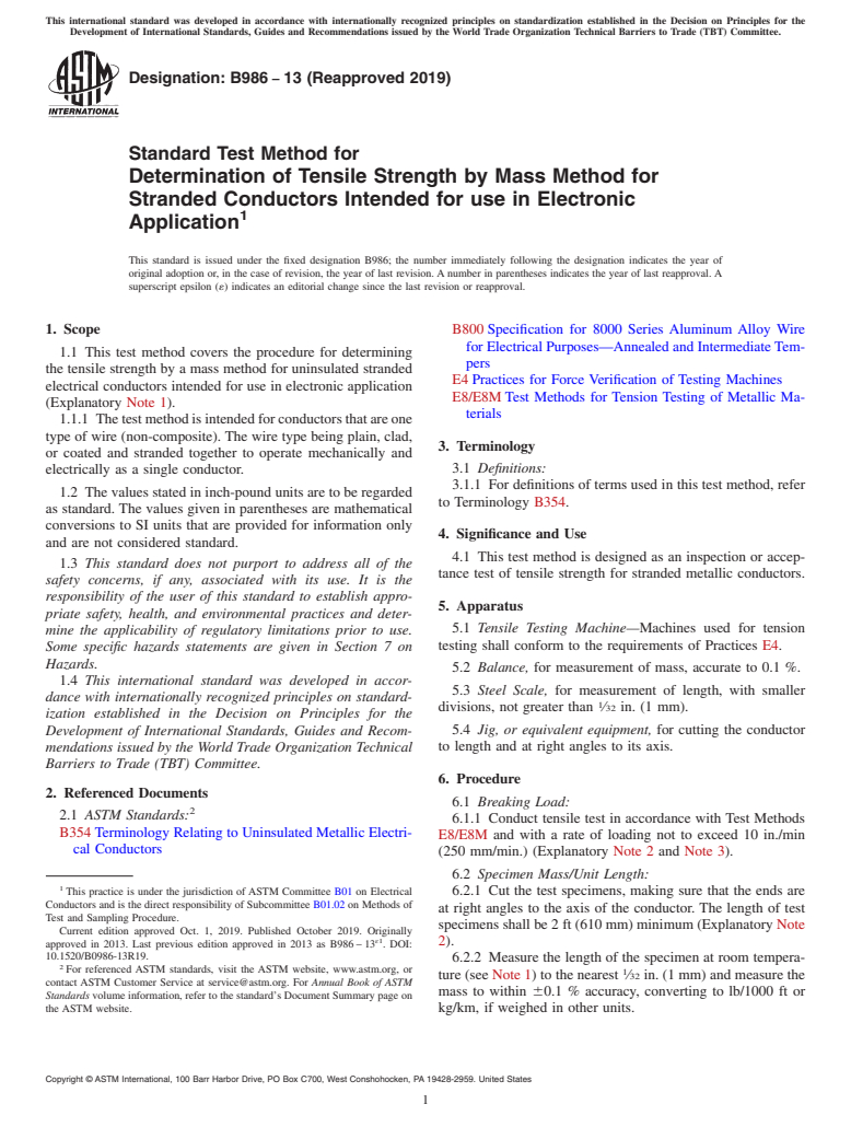 ASTM B986-13(2019) - Standard Test Method for Determination of Tensile Strength by Mass Method for Stranded  Conductors Intended for use in Electronic Application