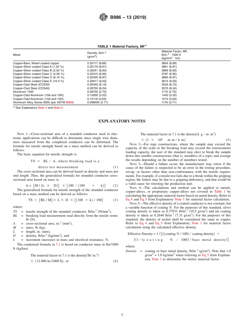 ASTM B986-13(2019) - Standard Test Method for Determination of Tensile Strength by Mass Method for Stranded  Conductors Intended for use in Electronic Application