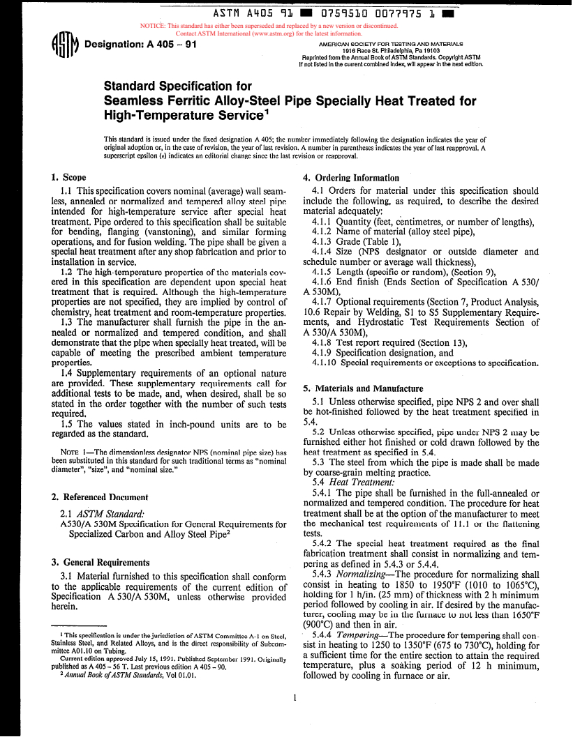 ASTM A405-91 - Specification for Seamless Ferritic Alloy-Steel Pipe Specially Heat Treated for High-Temperature Service (Withdrawn 1995)