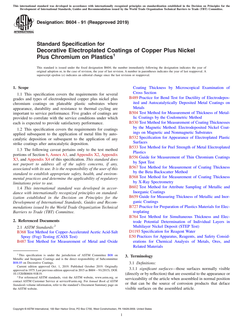 ASTM B604-91(2019) - Standard Specification for  Decorative Electroplated Coatings of Copper Plus Nickel Plus   Chromium on Plastics