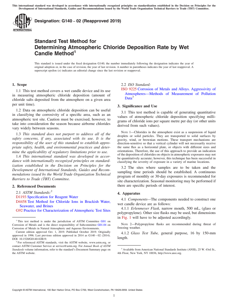 ASTM G140-02(2019) - Standard Test Method for  Determining Atmospheric Chloride Deposition Rate by Wet Candle  Method