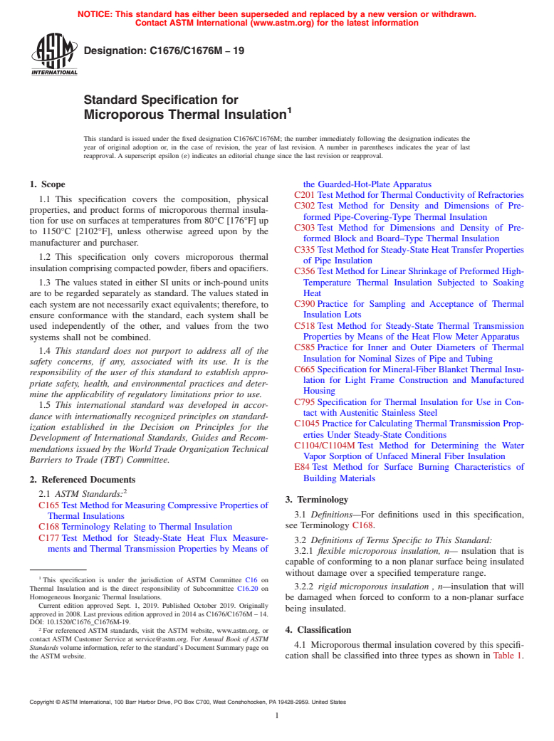 ASTM C1676/C1676M-19 - Standard Specification for Microporous Thermal Insulation