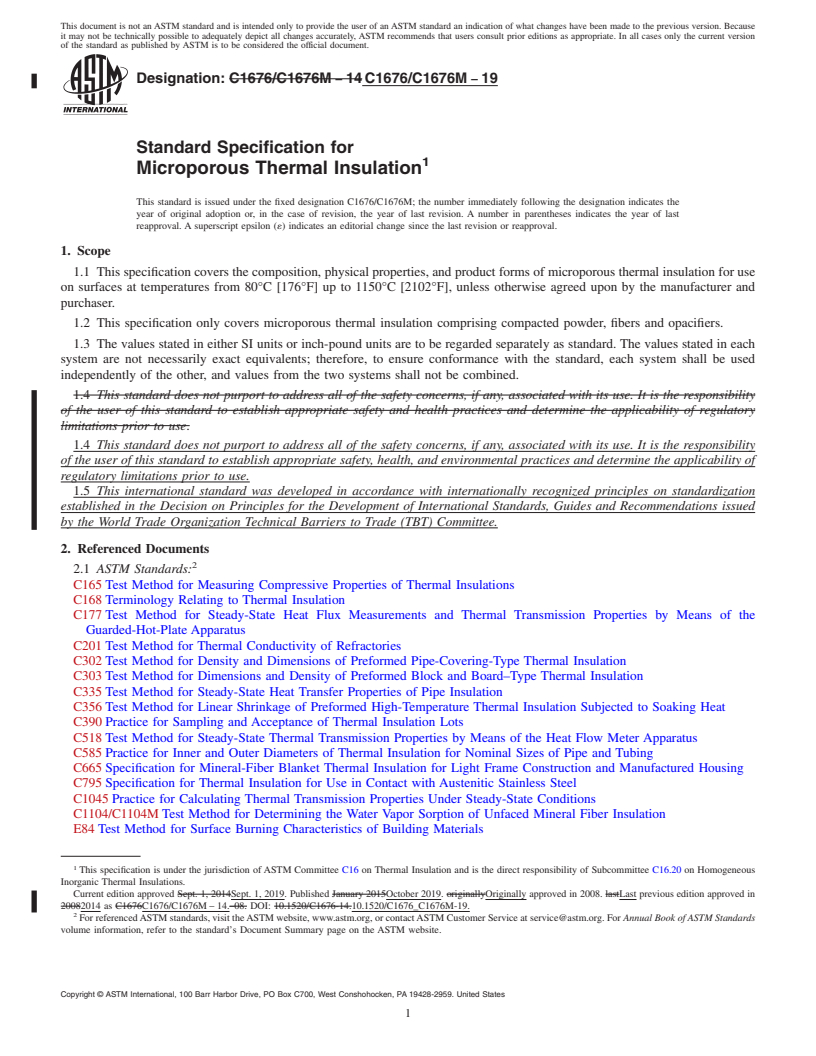 REDLINE ASTM C1676/C1676M-19 - Standard Specification for Microporous Thermal Insulation