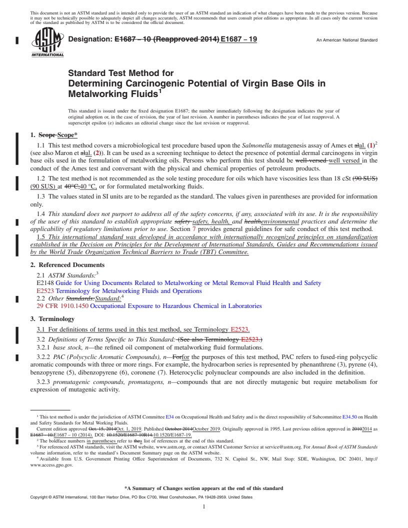 REDLINE ASTM E1687-19 - Standard Test Method for  Determining Carcinogenic Potential of Virgin Base Oils in Metalworking  Fluids