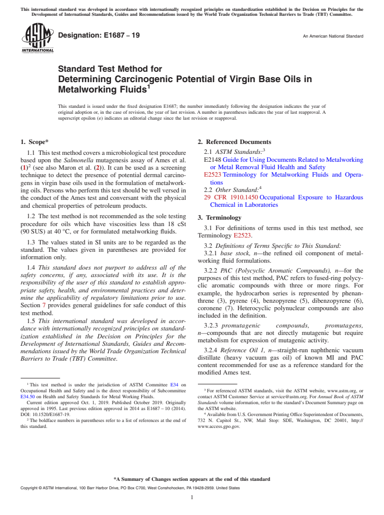 ASTM E1687-19 - Standard Test Method for  Determining Carcinogenic Potential of Virgin Base Oils in Metalworking  Fluids